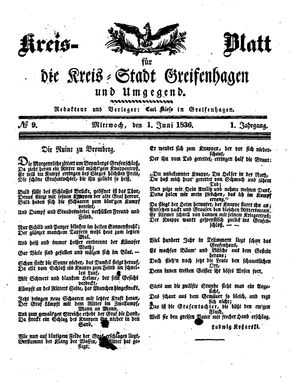 Kreisblatt für die Kreisstadt Greifenhagen und Umgegend vom 01.06.1836