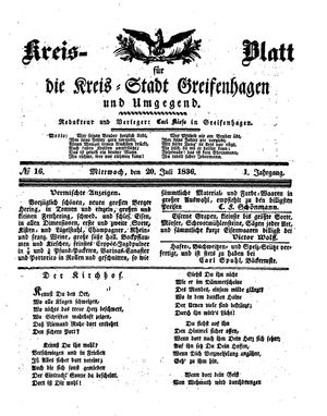 Kreisblatt für die Kreisstadt Greifenhagen und Umgegend vom 20.07.1836