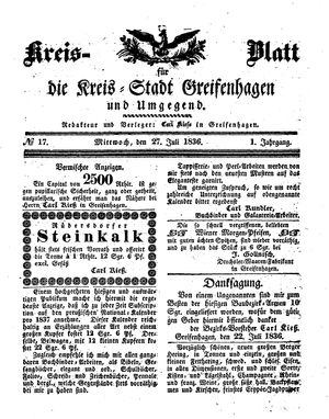 Kreisblatt für die Kreisstadt Greifenhagen und Umgegend vom 27.07.1836