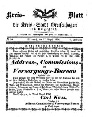 Kreisblatt für die Kreisstadt Greifenhagen und Umgegend vom 17.08.1836