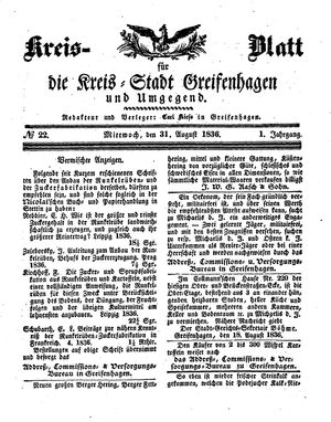 Kreisblatt für die Kreisstadt Greifenhagen und Umgegend vom 31.08.1836