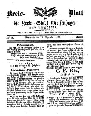 Kreisblatt für die Kreisstadt Greifenhagen und Umgegend vom 14.09.1836