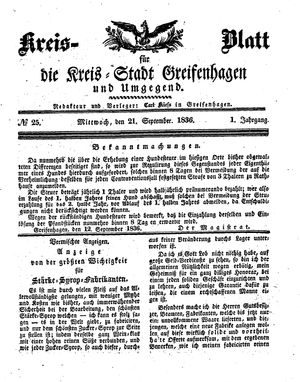 Kreisblatt für die Kreisstadt Greifenhagen und Umgegend vom 21.09.1836