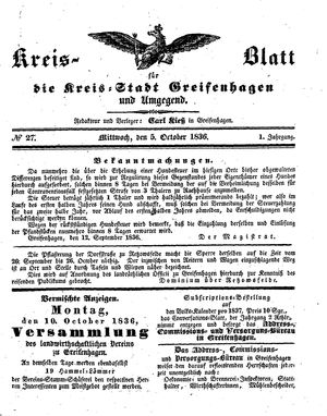 Kreisblatt für die Kreisstadt Greifenhagen und Umgegend vom 05.10.1836