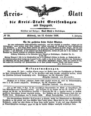 Kreisblatt für die Kreisstadt Greifenhagen und Umgegend vom 12.10.1836