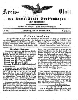 Kreisblatt für die Kreisstadt Greifenhagen und Umgegend vom 19.10.1836