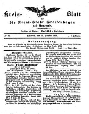 Kreisblatt für die Kreisstadt Greifenhagen und Umgegend vom 26.10.1836