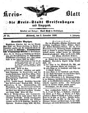 Kreisblatt für die Kreisstadt Greifenhagen und Umgegend vom 02.11.1836