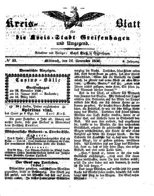 Kreisblatt für die Kreisstadt Greifenhagen und Umgegend vom 16.11.1836