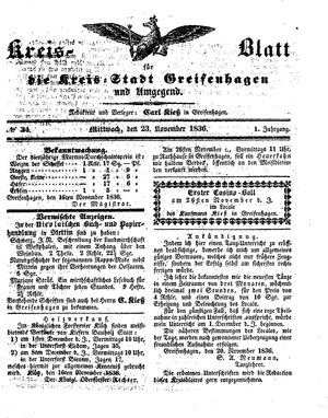 Kreisblatt für die Kreisstadt Greifenhagen und Umgegend vom 23.11.1836