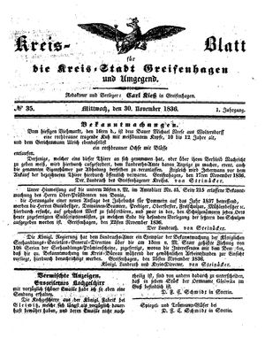 Kreisblatt für die Kreisstadt Greifenhagen und Umgegend vom 30.11.1836