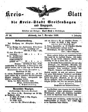 Kreisblatt für die Kreisstadt Greifenhagen und Umgegend vom 07.12.1836