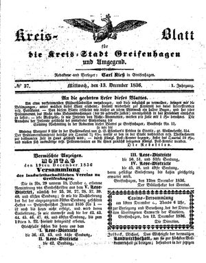 Kreisblatt für die Kreisstadt Greifenhagen und Umgegend vom 13.12.1836