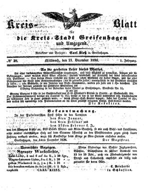 Kreisblatt für die Kreisstadt Greifenhagen und Umgegend vom 21.12.1836