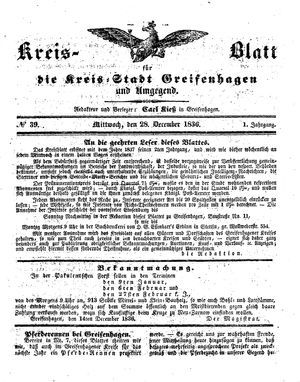 Kreisblatt für die Kreisstadt Greifenhagen und Umgegend vom 28.12.1836