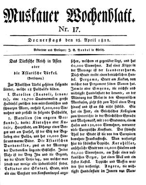 Muskauer Wochenblatt vom 25.04.1822
