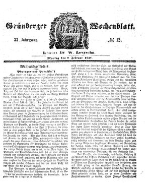 Grünberger Wochenblatt vom 09.02.1857