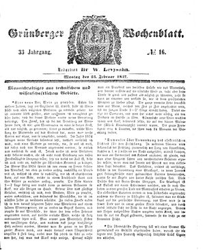 Grünberger Wochenblatt vom 23.02.1857