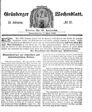 Grünberger Wochenblatt vom 02.04.1857