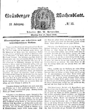 Grünberger Wochenblatt vom 20.04.1857