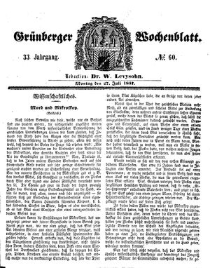 Grünberger Wochenblatt vom 27.07.1857