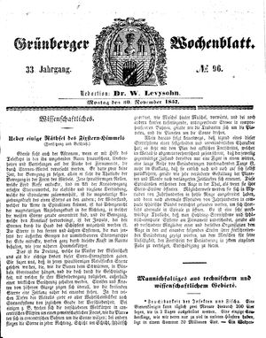 Grünberger Wochenblatt vom 30.11.1857