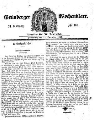 Grünberger Wochenblatt vom 17.12.1857