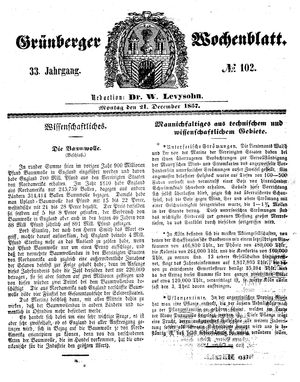 Grünberger Wochenblatt vom 21.12.1857