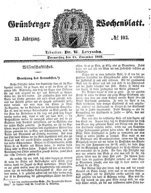 Grünberger Wochenblatt vom 24.12.1857