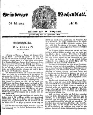Grünberger Wochenblatt vom 16.02.1860