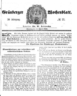 Grünberger Wochenblatt vom 02.04.1860