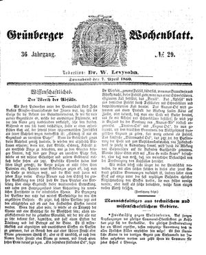 Grünberger Wochenblatt vom 07.04.1860