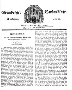 Grünberger Wochenblatt vom 13.08.1860