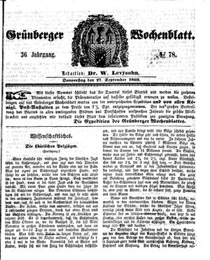 Grünberger Wochenblatt on Sep 27, 1860