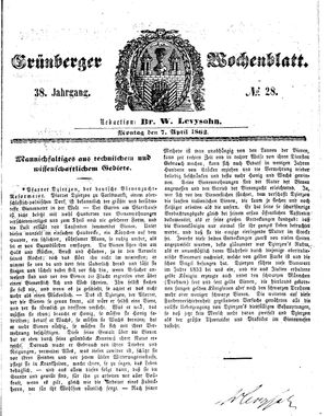Grünberger Wochenblatt vom 07.04.1862