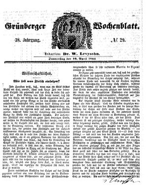 Grünberger Wochenblatt vom 10.04.1862