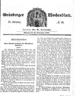 Grünberger Wochenblatt on Sep 22, 1862