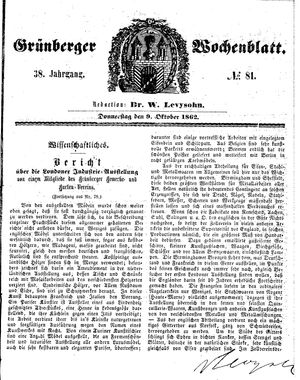 Grünberger Wochenblatt vom 09.10.1862