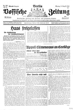 Vossische Zeitung on Aug 9, 1926
