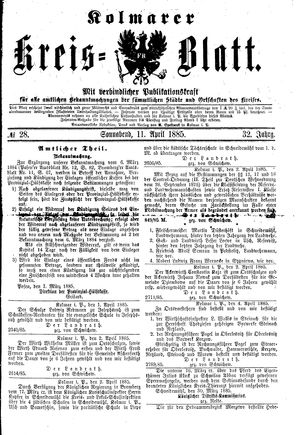 Kolmarer Kreisblatt vom 11.04.1885