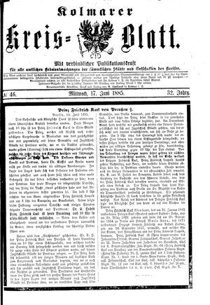 Kolmarer Kreisblatt vom 17.06.1885