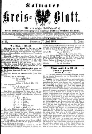 Kolmarer Kreisblatt vom 27.06.1885