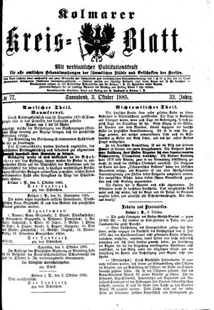 Kolmarer Kreisblatt vom 03.10.1885