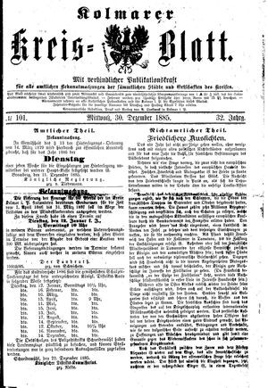 Kolmarer Kreisblatt vom 30.12.1885