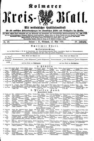 Kolmarer Kreisblatt vom 27.05.1891