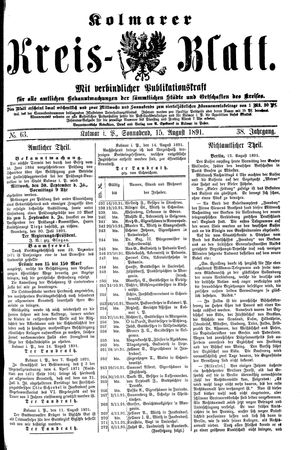 Kolmarer Kreisblatt vom 15.08.1891