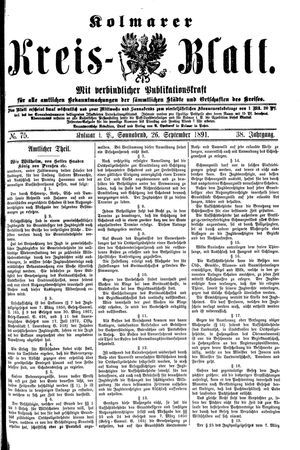 Kolmarer Kreisblatt vom 26.09.1891
