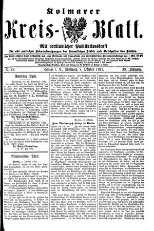 Kolmarer Kreisblatt vom 07.10.1891