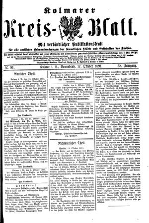 Kolmarer Kreisblatt vom 17.10.1891