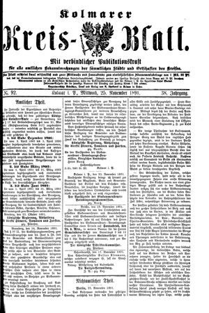 Kolmarer Kreisblatt vom 25.11.1891